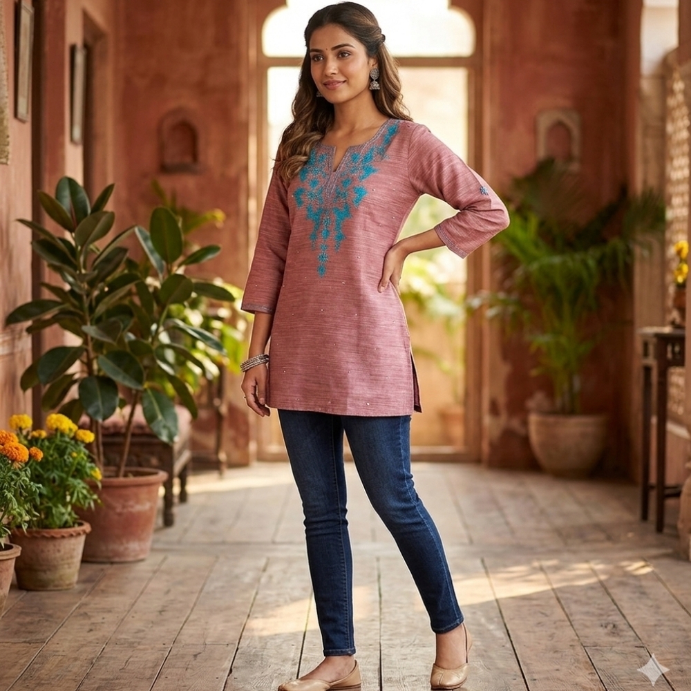 KHADI cotton Kurta with Blue Embroidery Fits M